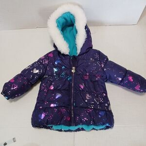London Fog Puffer Jacket Toddler 18 Mos. Purple Foil Print Faux Fur Lined Hood